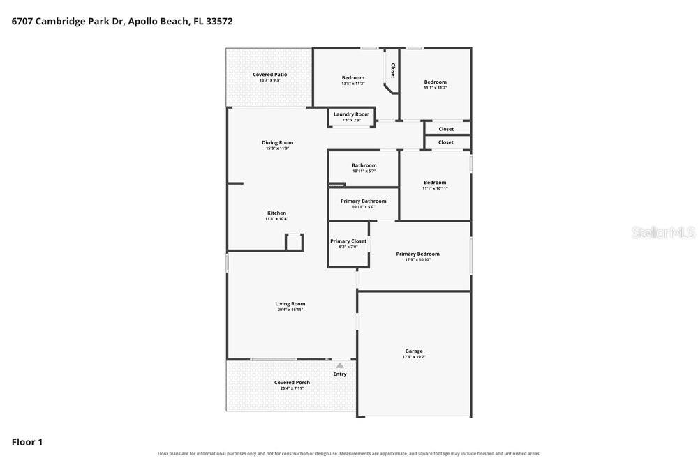 This is a floor plan for a single-story house with a garage and covered patio — 6707 CAMBRIDGE PARK DRIVE, APOLLO BEACH, FL