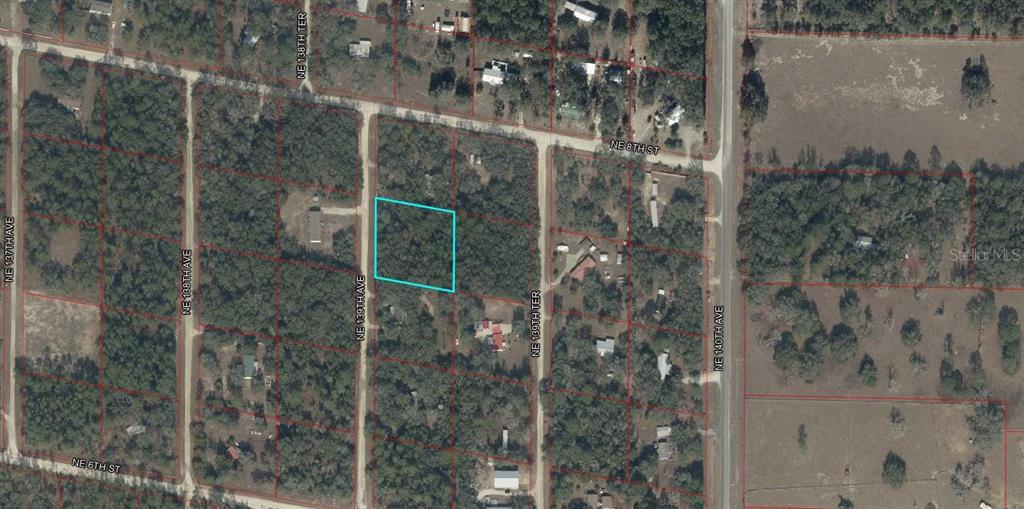 This is an aerial map showing a vacant, wooded lot highlighted in blue — 751 NE 139TH AVENUE, WILLISTON, FL