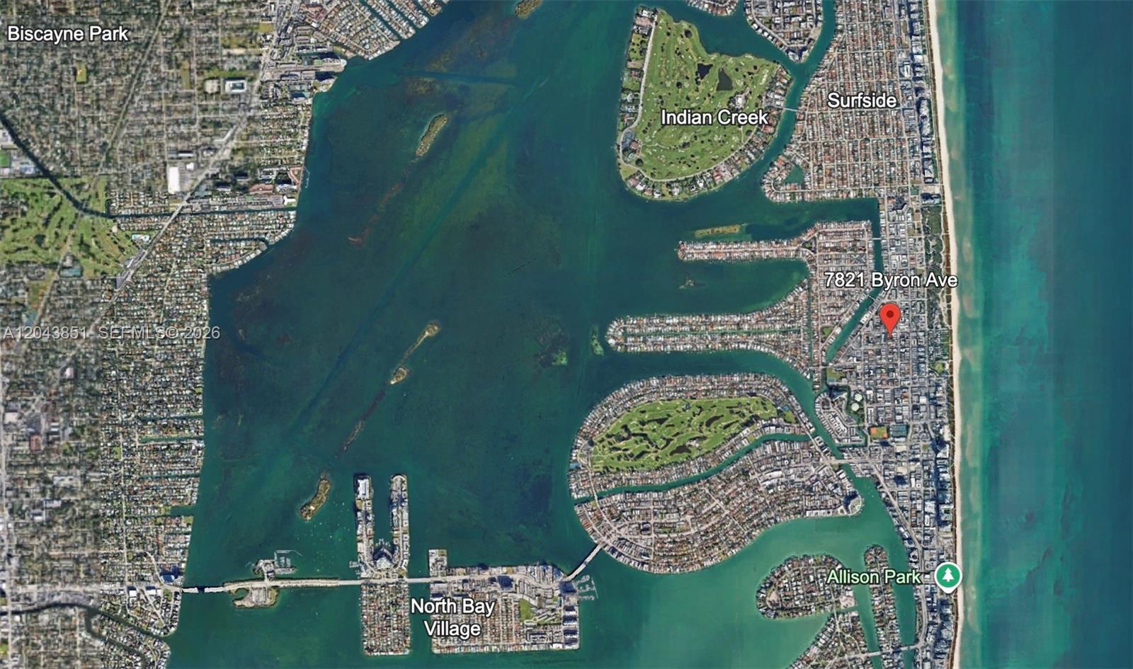 This is an aerial map showing the coastal area of Miami Beach and surrounding islands — 7821 Byron Ave, Miami Beach FL 33141, MIAMI BEACH, FL