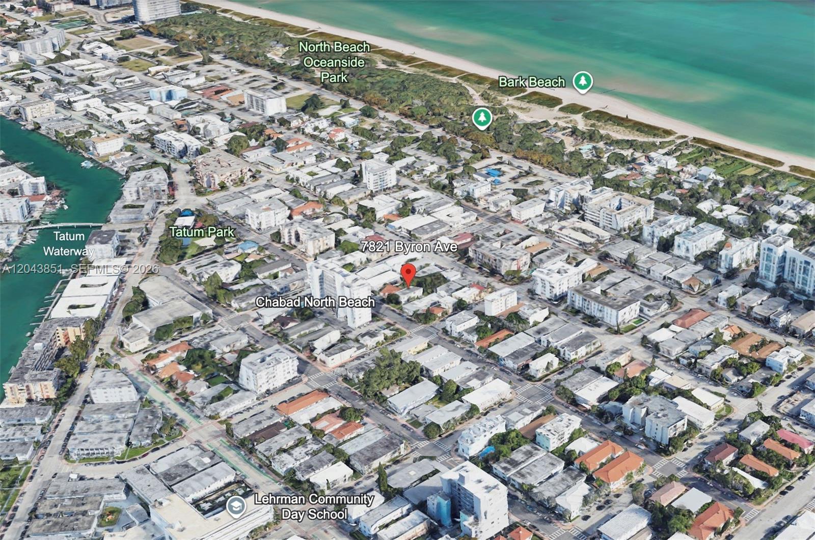 This is an aerial map view showing a residential neighborhood near the beach — 7821 Byron Ave, Miami Beach FL 33141, MIAMI BEACH, FL