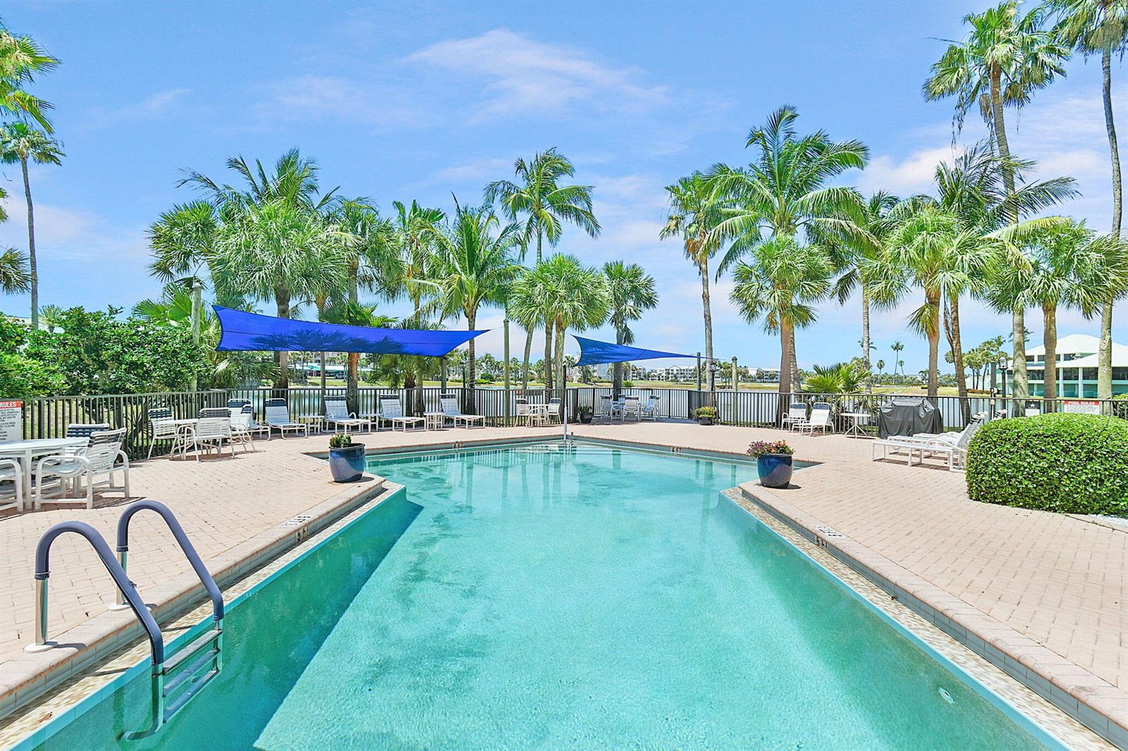 A rectangular swimming pool with blue shade sails and palm trees on a sunny day — 221 NE Plantation Road # 211, Stuart FL 34996, STUART, FL