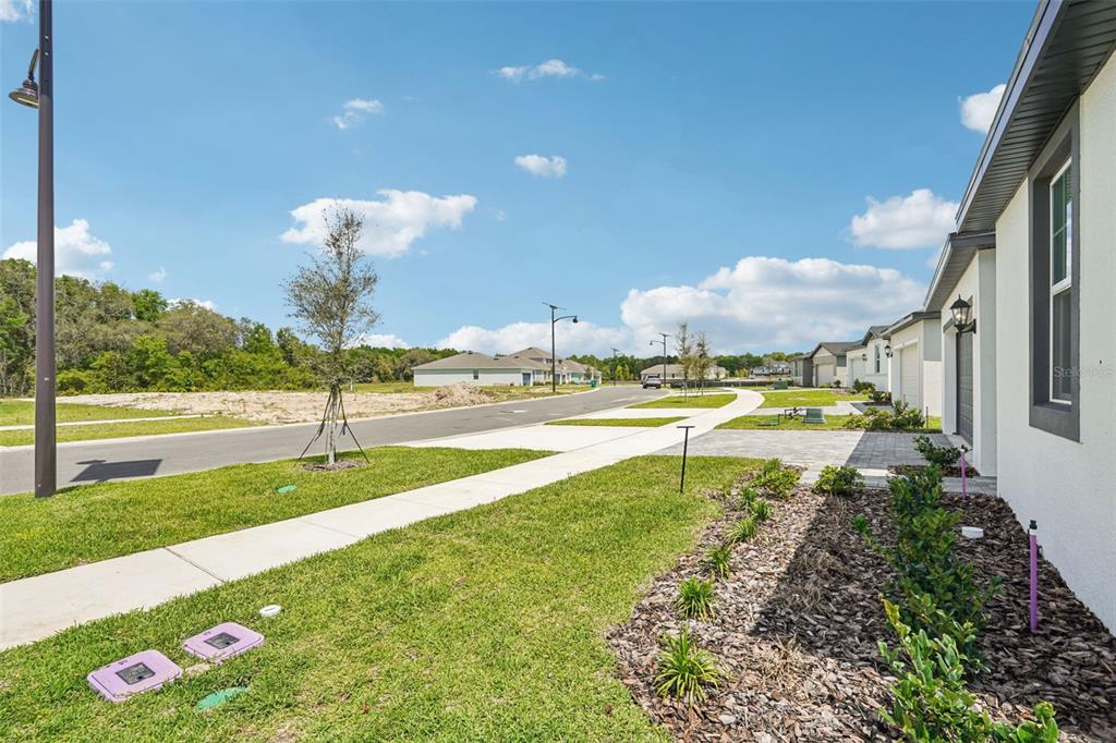 A view of a suburban street with a sidewalk, landscaping, and modern residential homes — 791 SUNSHOWER DRIVE, LADY LAKE, FL