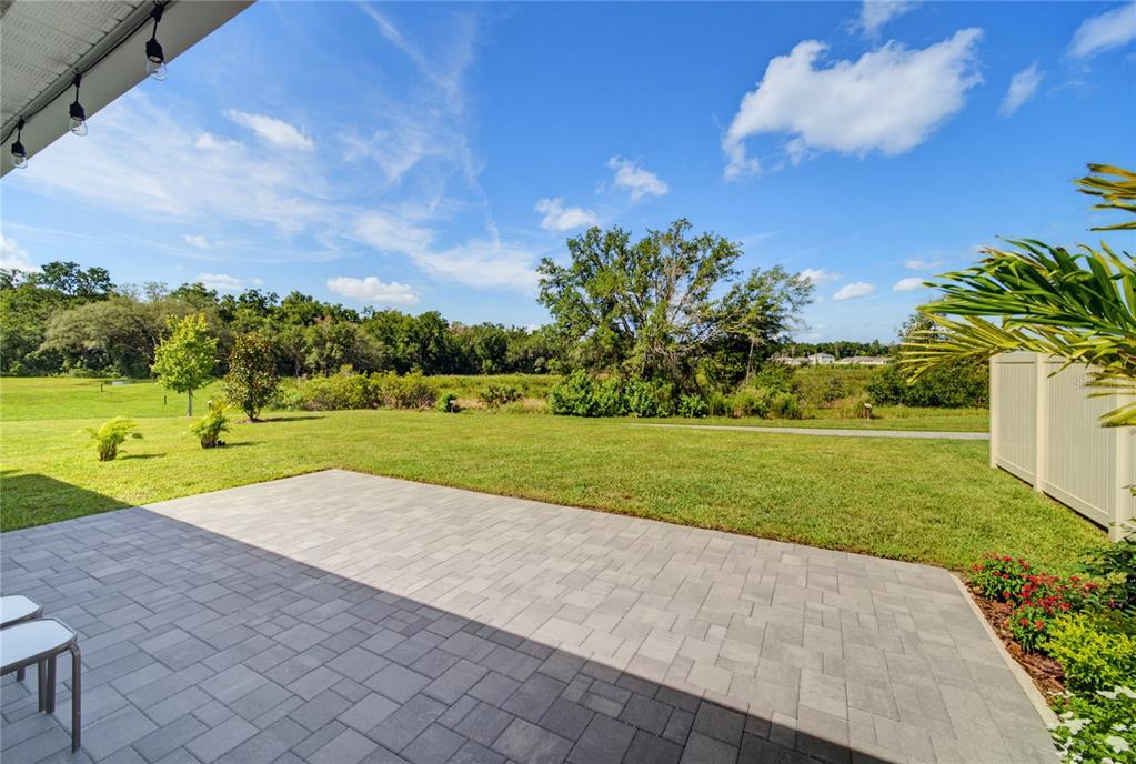 A paved patio overlooks a grassy backyard with trees and a fence under a blue sky — 3432 ISLEWOOD COURT, OCOEE, FL