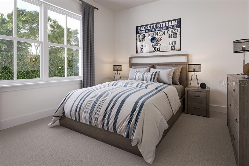 This is a rendering of a bedroom featuring a bed, nightstands, and a sports-themed sign — 6374 CEDAR LANDING CIRCLE, LEESBURG, FL