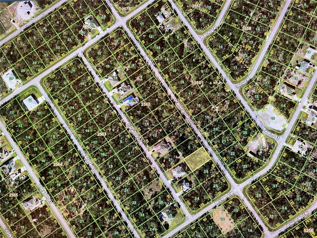 This is an aerial map showing residential lots and streets in a wooded neighborhood — 1391 HAMMACHER LANE, PORT CHARLOTTE, FL