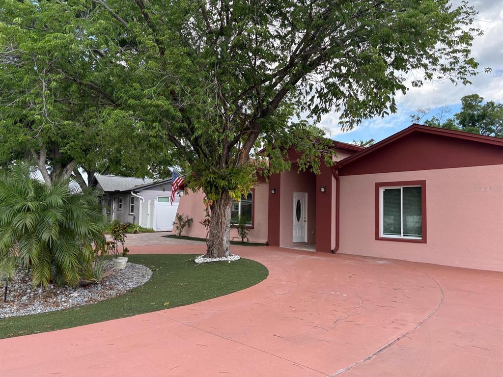 A pink house with a red trim and a large tree in the front yard — 6747 RALSTON BEACH CIRCLE, TAMPA, FL