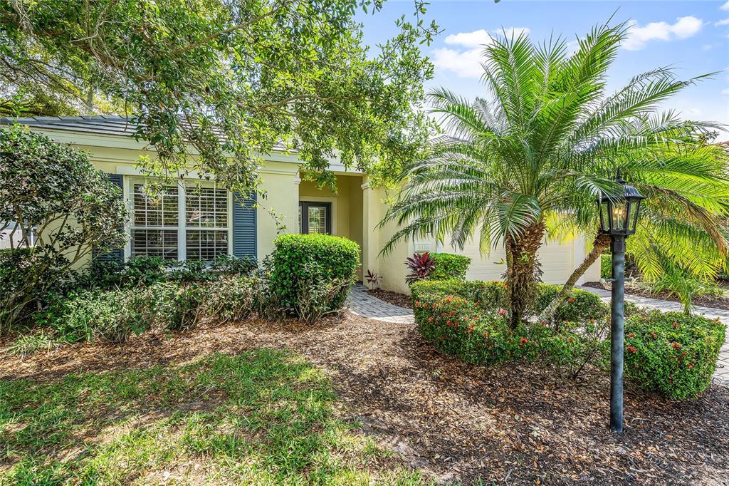 The exterior of a light-colored house features a palm tree, landscaping, and a walkway — 8416 ABINGDON COURT, UNIVERSITY PARK, FL