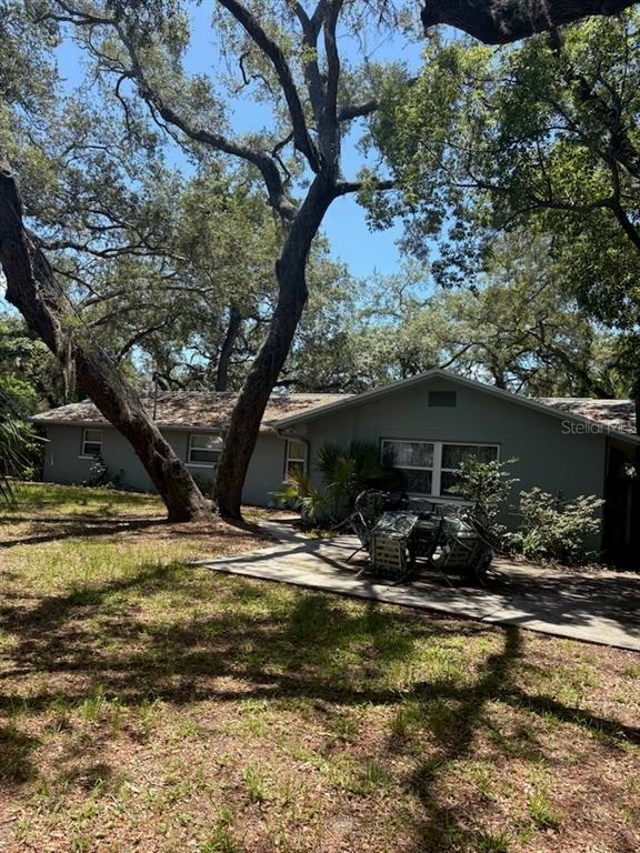 A single-story house with a patio and outdoor furniture sits under large, mature oak trees — 439 E MARTIN LUTHER KING JR DRIVE, TARPON SPRINGS, FL