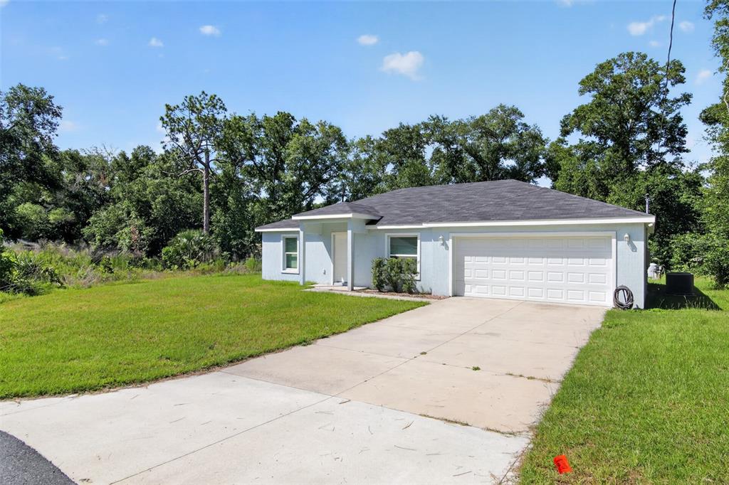A light blue single-story house with a two-car garage and a concrete driveway — 16 SPRING LOOP COURT, OCALA, FL