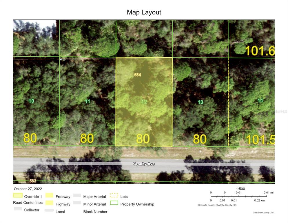 This is a map layout showing a property lot highlighted in yellow along Granby Ave — 17504 GRANBY AVENUE, PORT CHARLOTTE, FL