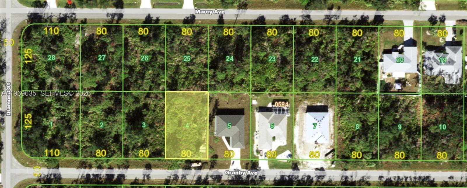 This is a map showing a grid of residential land parcels between two streets — PORT CHARLOTTE, FL