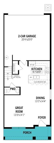 This floor plan shows a first-floor layout with a garage, kitchen, dining area, and porch — 221 SPINDLE PALM COVE, WINTER SPRINGS, FL