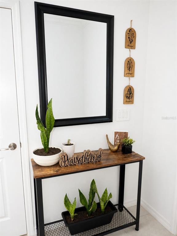 A console table with plants and decor sits below a black-framed mirror in a hallway — 36384 WELL HILL WAY, ZEPHYRHILLS, FL