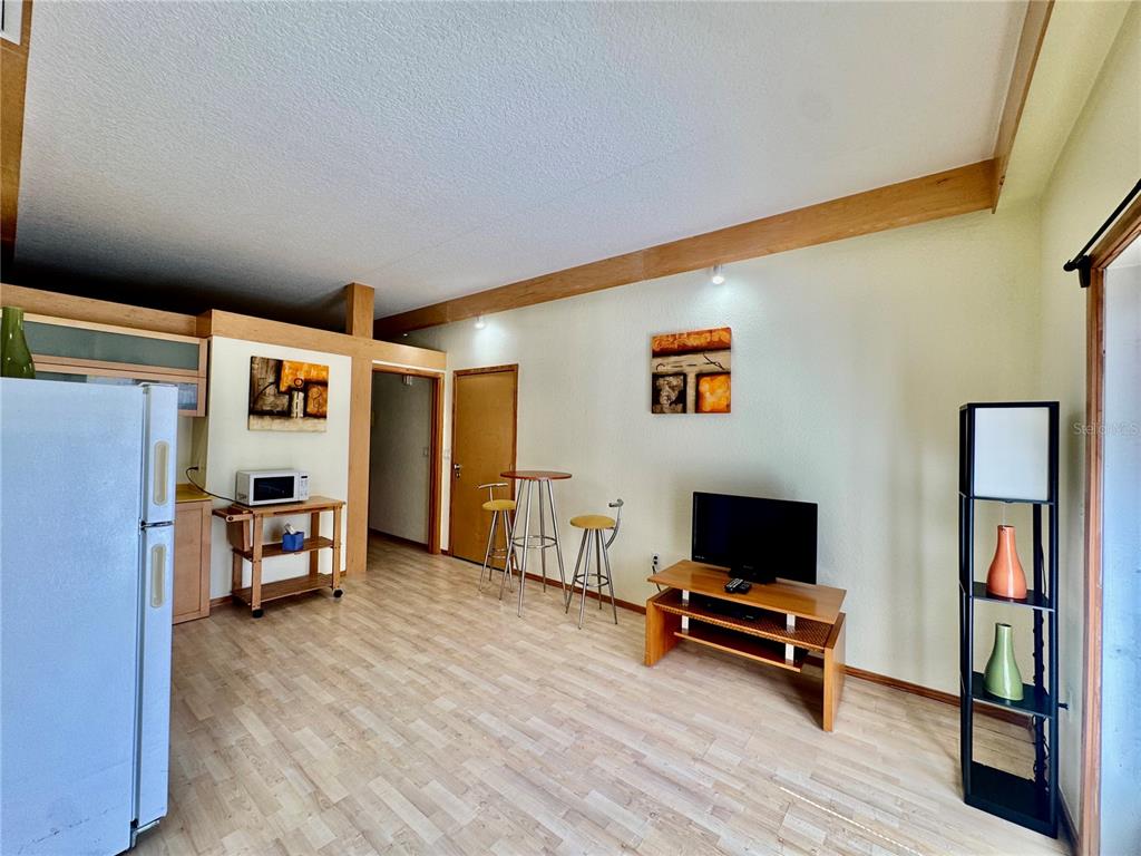 A living area features light wood-look flooring, a television on a stand, and bar seating — 101 PALM HARBOR PARKWAY UNIT 228 B, PALM COAST, FL