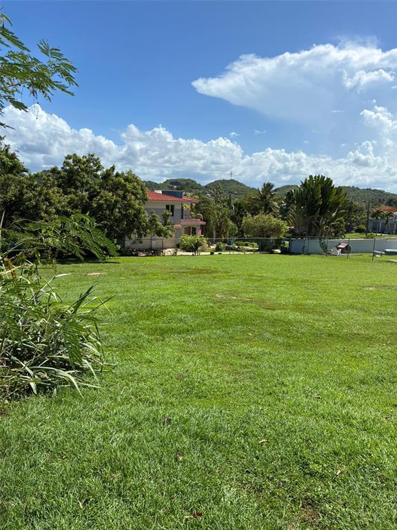A large, grassy vacant lot sits in front of a two-story house under a blue sky — LOT-1 RD-648 KM 1.0 INT. TIERRAS NUEVAS, MANATI, PR