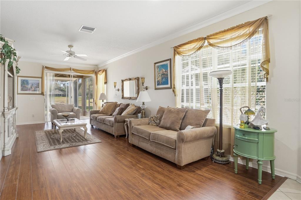 A living room features wood-look flooring, two beige sofas, a coffee table, and large windows — 19112 WHITE WING PLACE, TAMPA, FL