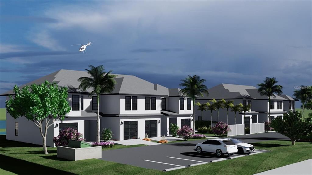 A digital rendering shows two modern two-story townhomes with a parking lot and a helicopter — 26253 & 26263 NADIR ROAD, PUNTA GORDA, FL