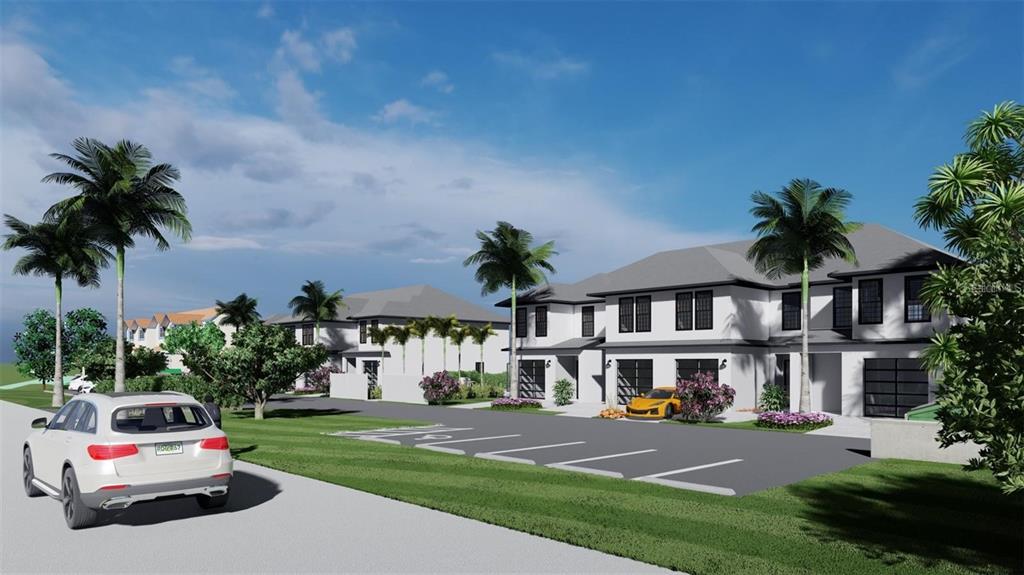 This is a digital rendering of a modern two-story townhouse complex with a parking lot — 26253 & 26263 NADIR ROAD, PUNTA GORDA, FL
