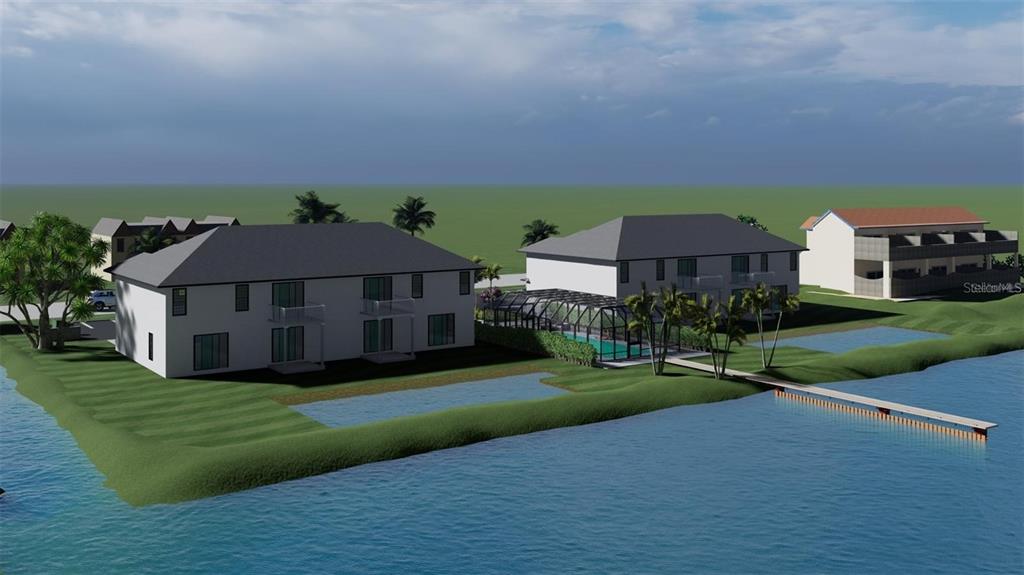 This is a digital rendering of two multi-story buildings with a pool and a dock — 26253 & 26263 NADIR ROAD, PUNTA GORDA, FL