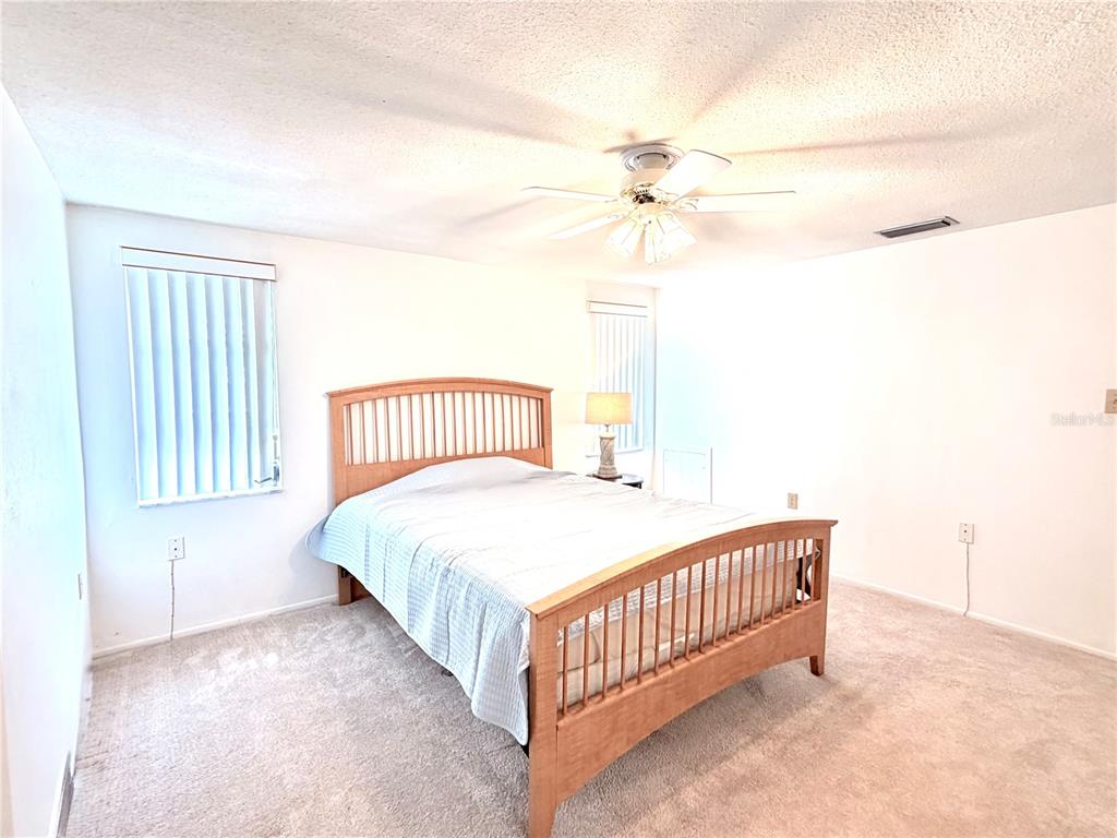 A bedroom features a wooden bed frame, beige carpeting, white walls, and a ceiling fan — 7016 CUTTY SARK DRIVE, PORT RICHEY, FL