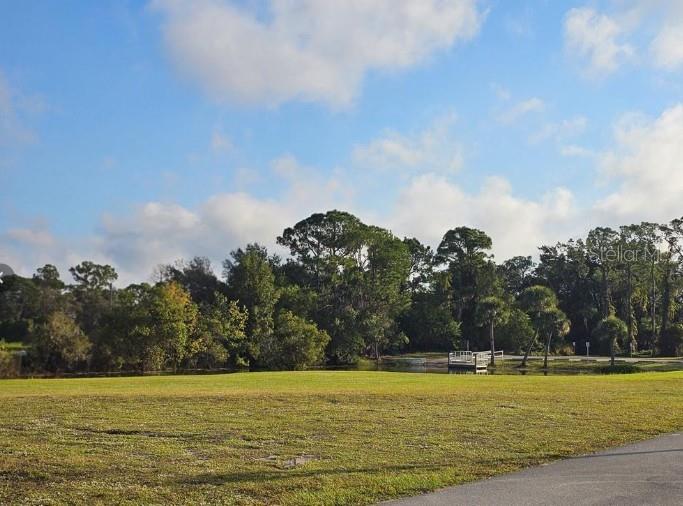 A grassy field leads to a small pond with a wooden dock and dense trees — 233 MOON GLOW COURT, LAKE PLACID, FL