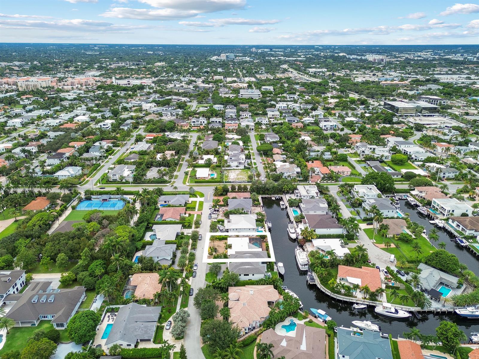 An aerial view shows a residential neighborhood with a highlighted waterfront house and boat docks — 531 Silver Lane, Boca Raton FL 33432, BOCA RATON, FL