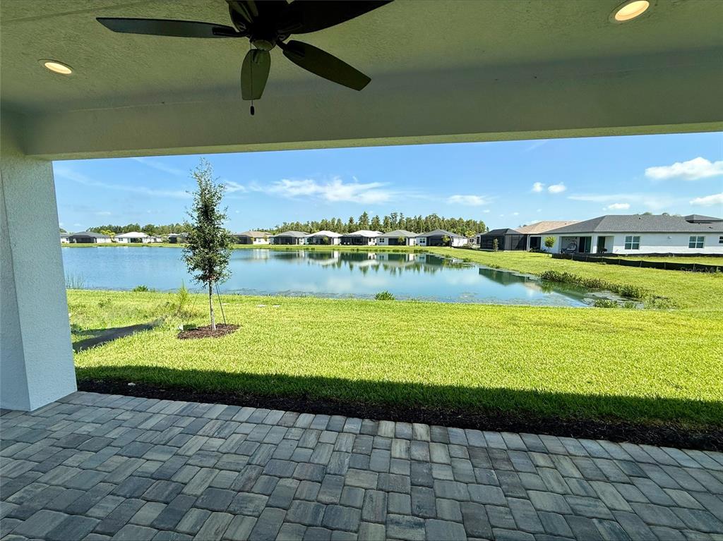 A covered patio with a ceiling fan overlooks a grassy lawn and a pond — 3419 MALTA AVENUE, WESLEY CHAPEL, FL