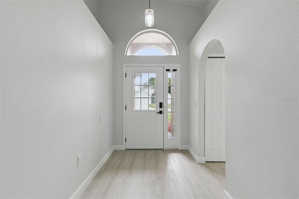 A bright entryway features light wood-look flooring, a white front door, and an arched ceiling — 14426 LAKE PRICE DRIVE, ORLANDO, FL