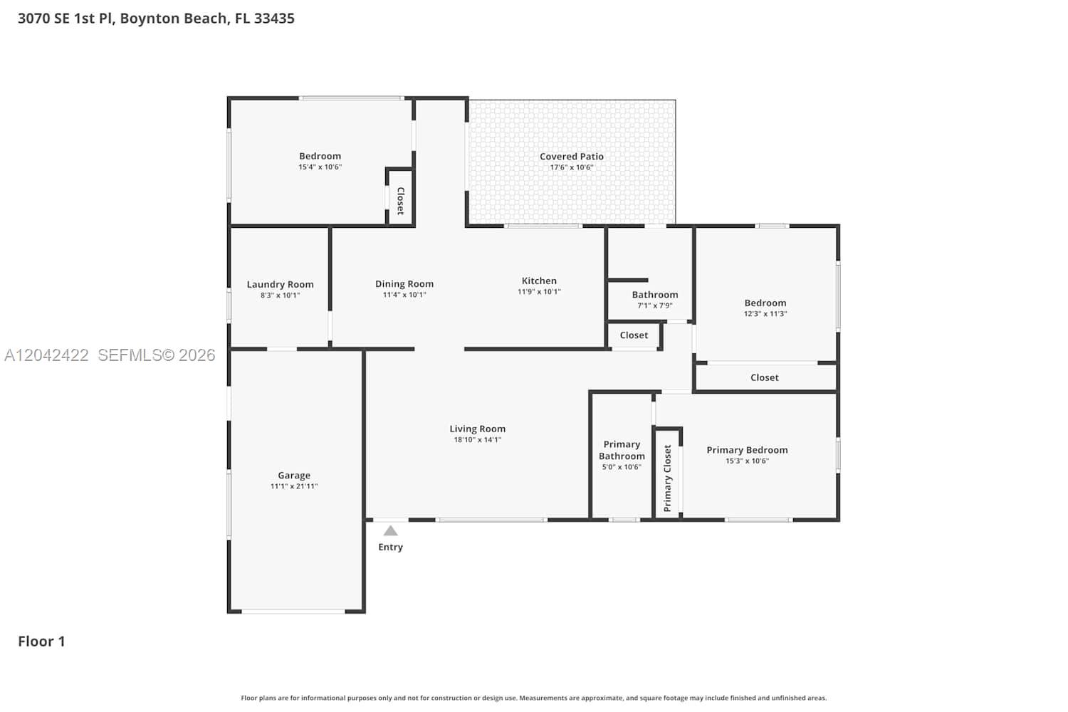 This is a floor plan for a single-story house with a garage and covered patio — BOYNTON BEACH, FL