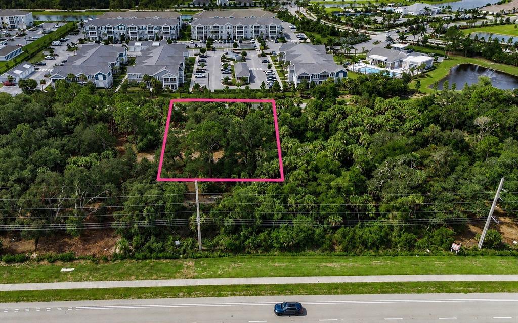 An aerial view shows a rectangular plot of land outlined in pink amidst dense vegetation — 16220 FRANKLIN AVENUE, PORT CHARLOTTE, FL