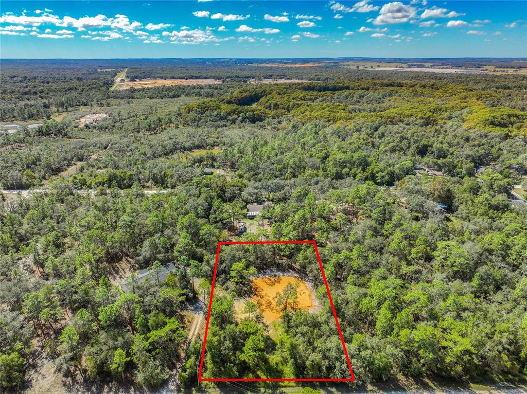 An aerial view shows a wooded lot with a cleared, orange-dirt area outlined in red — 33216 TEAKWOOD DRIVE, WEBSTER, FL