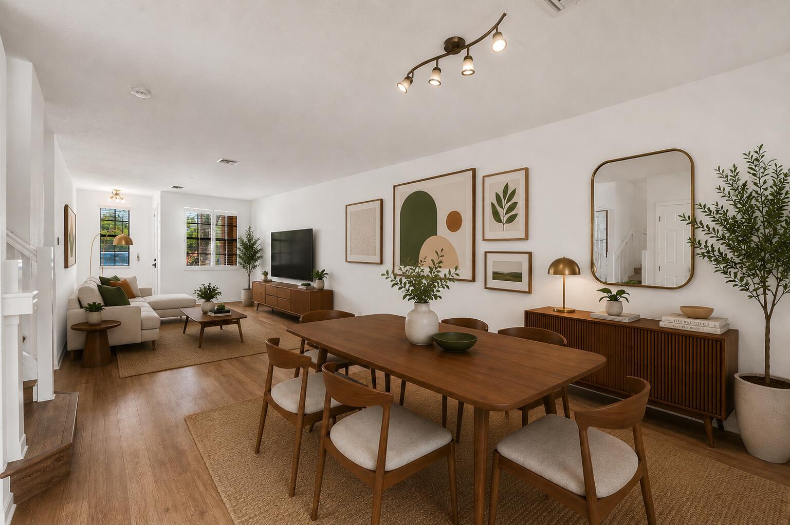 A bright, open-concept living and dining area featuring wood floors, modern furniture, and neutral decor — 238 E Chrystie Circle, Delray Beach FL 33484, DELRAY BEACH, FL