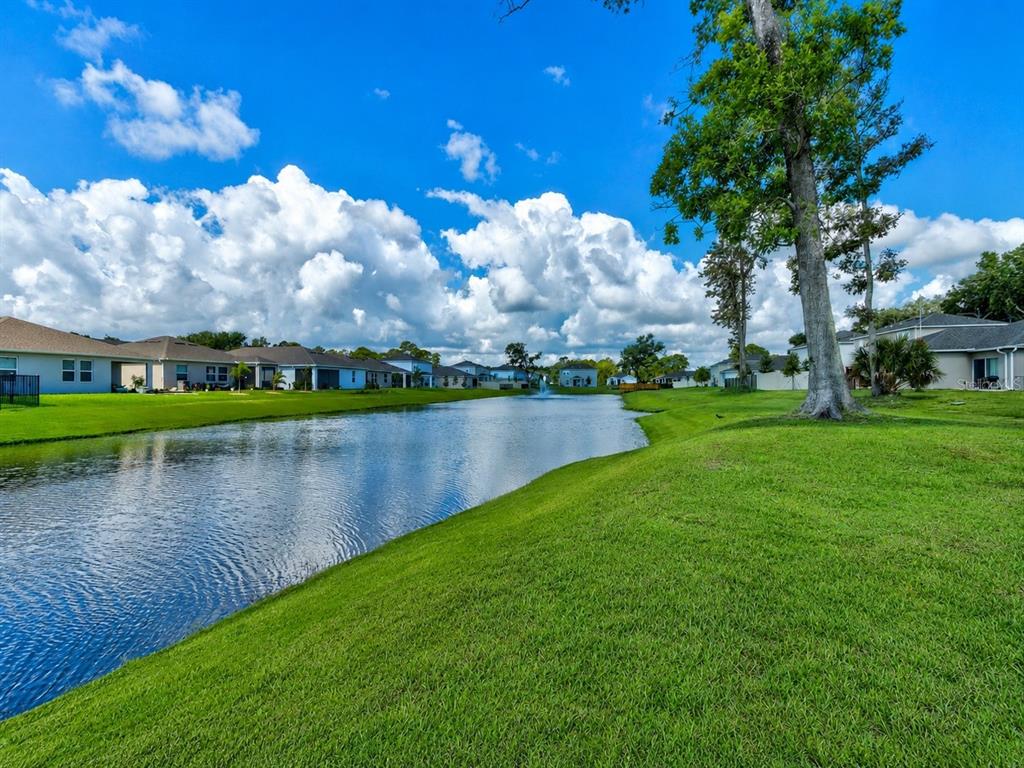 A view of a pond surrounded by green lawns and residential houses under a cloudy sky — 176 JONES FISH CAMP ROAD, EDGEWATER, FL