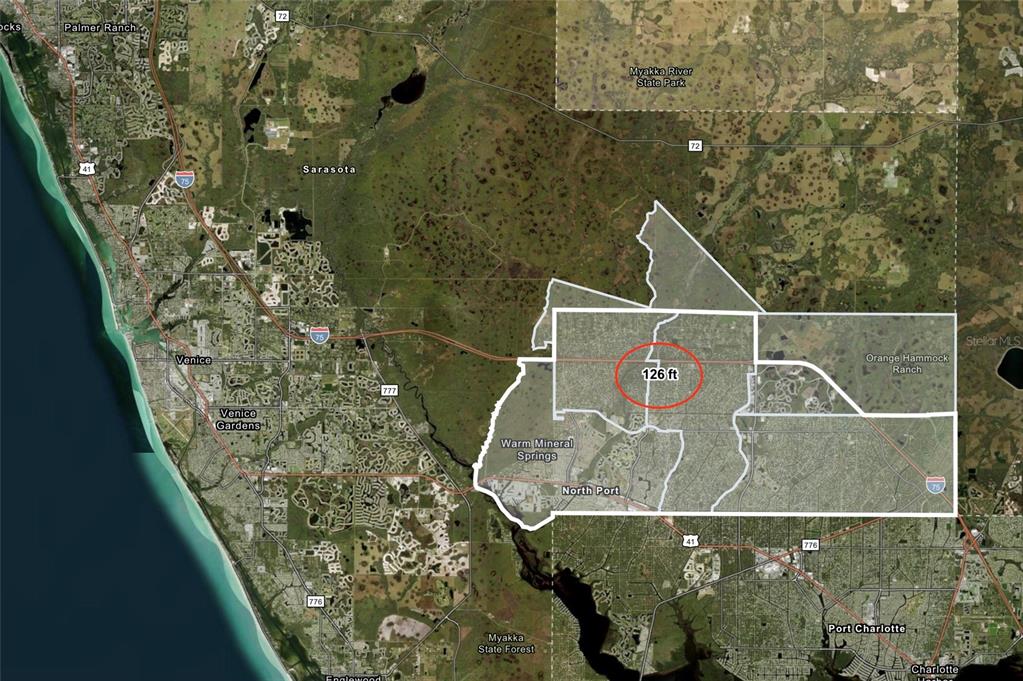 An aerial map shows a highlighted land parcel near North Port, Florida, with elevation markers — LADY SLIPPER AVENUE, NORTH PORT, FL
