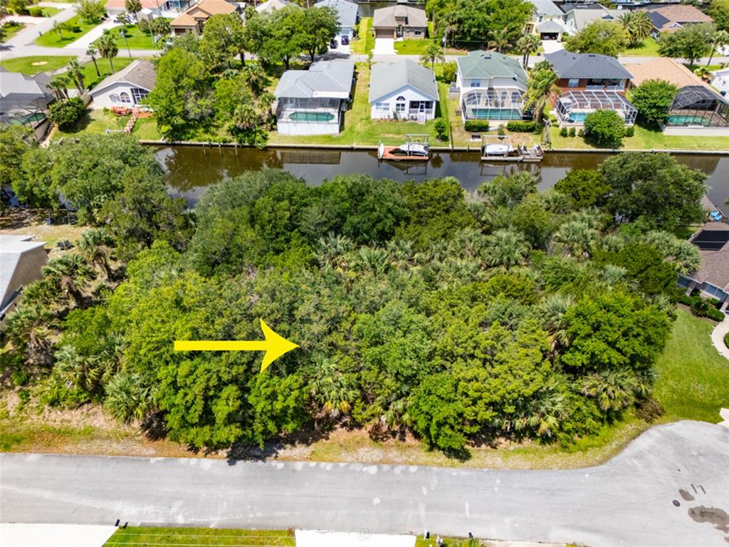 An aerial view shows a heavily wooded vacant lot bordering a canal in a residential neighborhood — 21 CORNING COURT, PALM COAST, FL