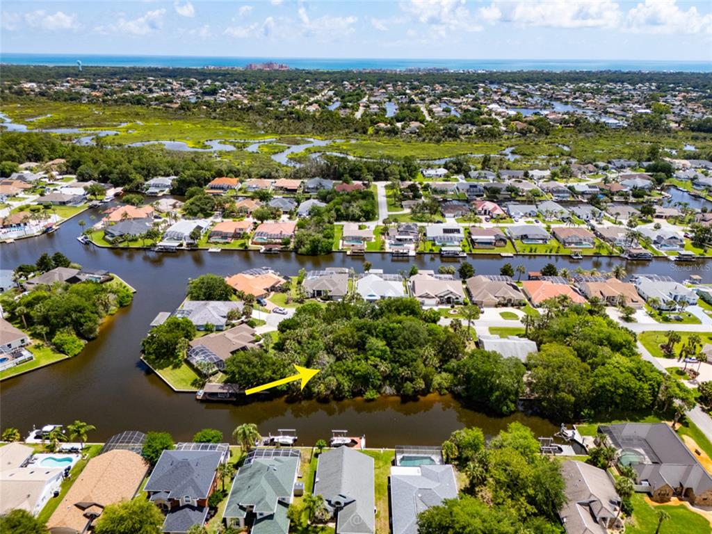 An aerial view shows a wooded, undeveloped waterfront lot surrounded by residential houses and canals — 21 CORNING COURT, PALM COAST, FL