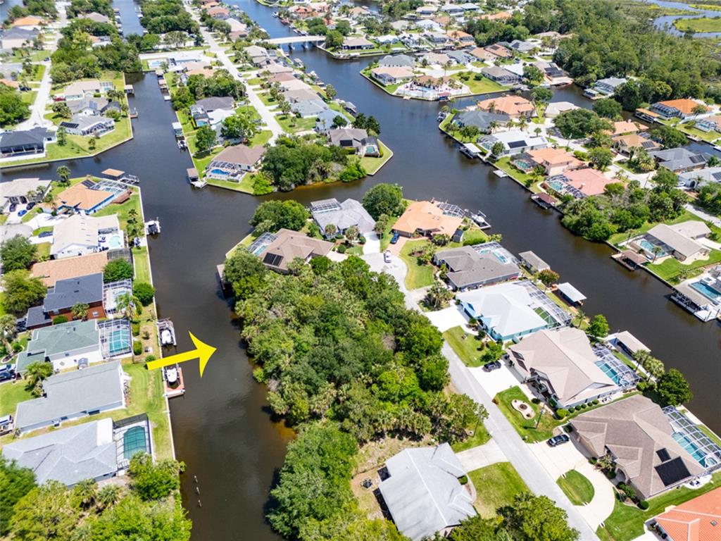 An aerial view shows residential homes along a canal with a large wooded lot — 21 CORNING COURT, PALM COAST, FL