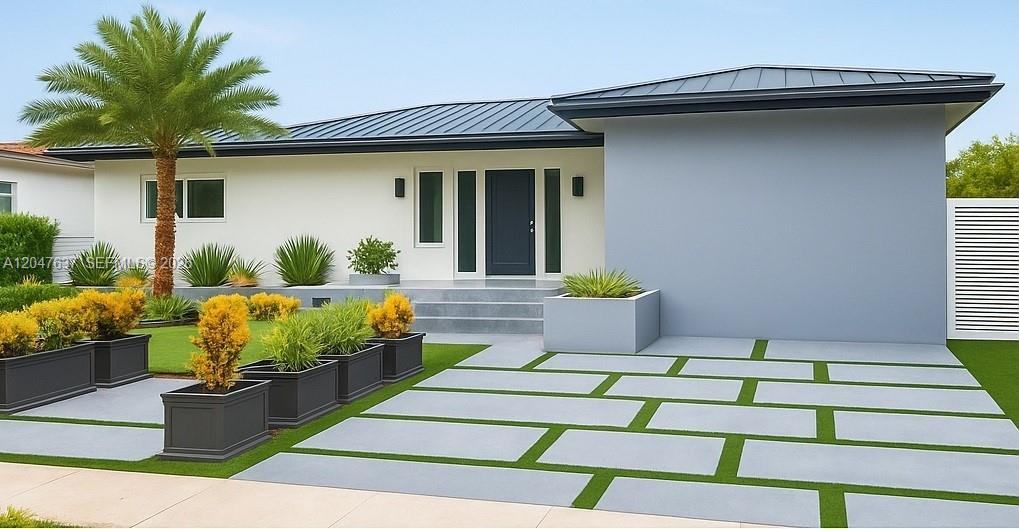 This is a rendering of a modern single-story house with a paved driveway and landscaping — 3504 Crystal View Ct # 0, Miami FL 33133, MIAMI, FL