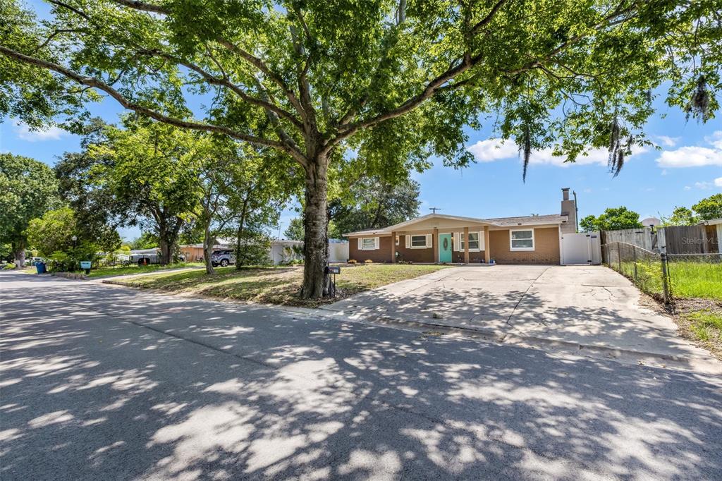 A single-story brick house with a concrete driveway sits under large trees on a street — 1509 PRIMROSE LANE, DAYTONA BEACH, FL