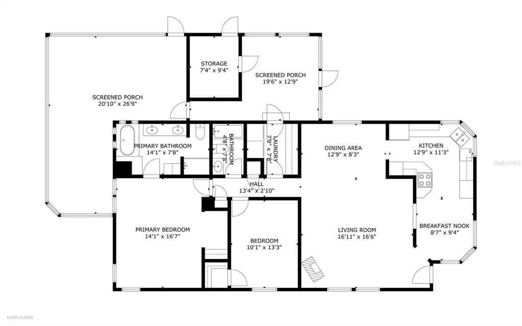This is a floor plan of a house featuring two bedrooms, two bathrooms, and porches — 25035 BELLEVUE, LEESBURG, FL