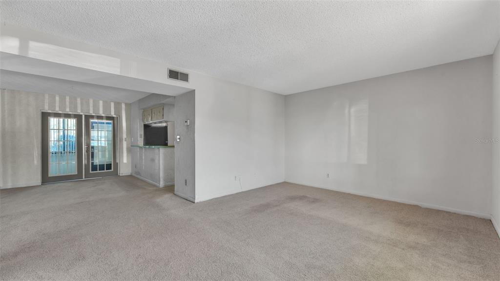 A carpeted living room features a pass-through kitchen counter and glass doors to a patio — 1130 N LAKE PARKER AVENUE UNIT A109, LAKELAND, FL