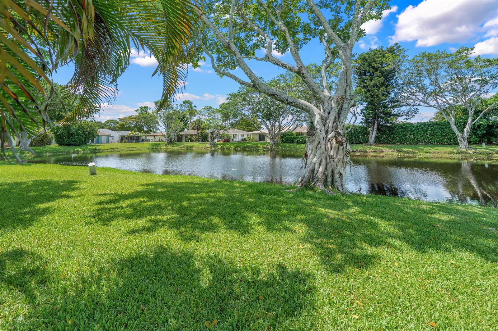 A grassy lawn overlooks a pond with large trees and residential houses in the background — 7543 Volley Place, Lake Worth FL 33467, LAKE WORTH, FL