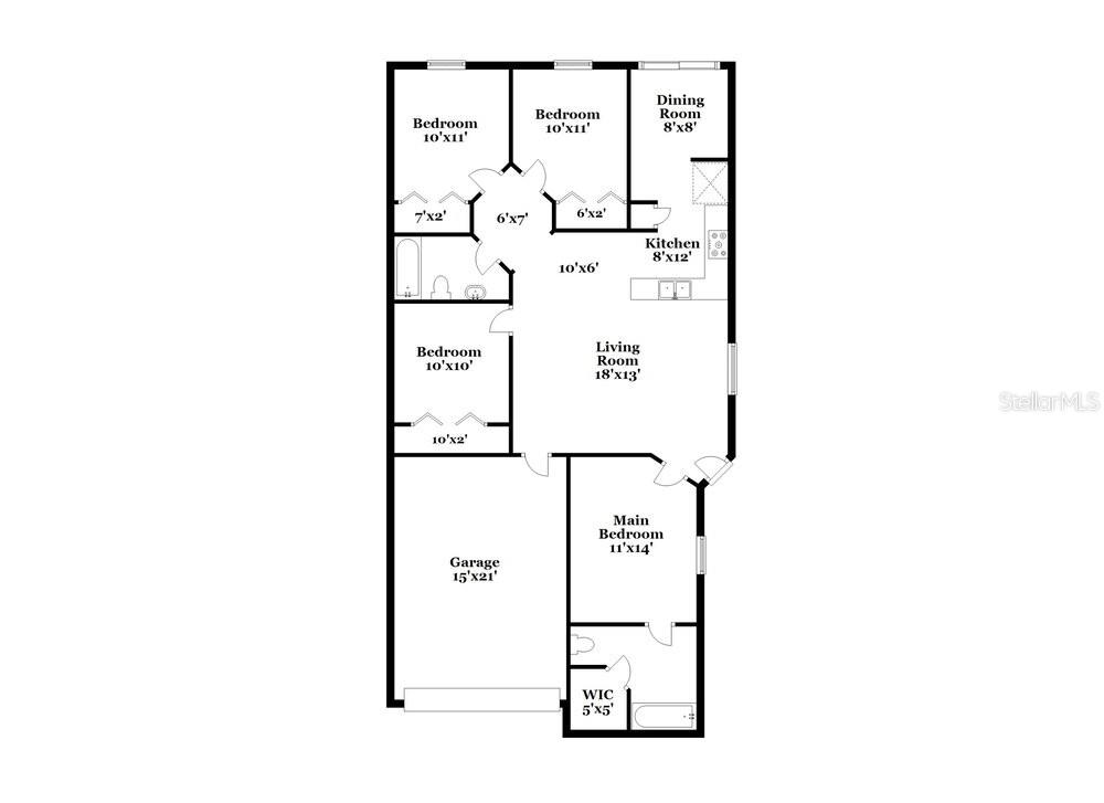 This is a floor plan of a single-story house with a garage and four bedrooms — 7445 OXFORD GARDEN CIRCLE, APOLLO BEACH, FL