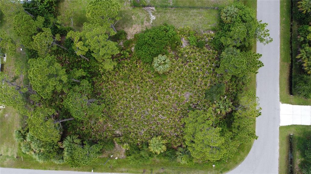 An aerial view of a wooded, undeveloped residential lot bordered by paved roads — RING STREET, NORTH PORT, FL