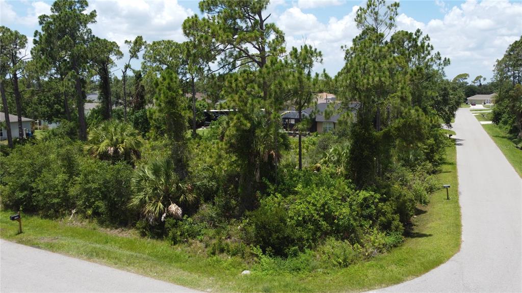 An aerial view of a vacant, wooded corner lot situated between two paved residential streets — RING STREET, NORTH PORT, FL