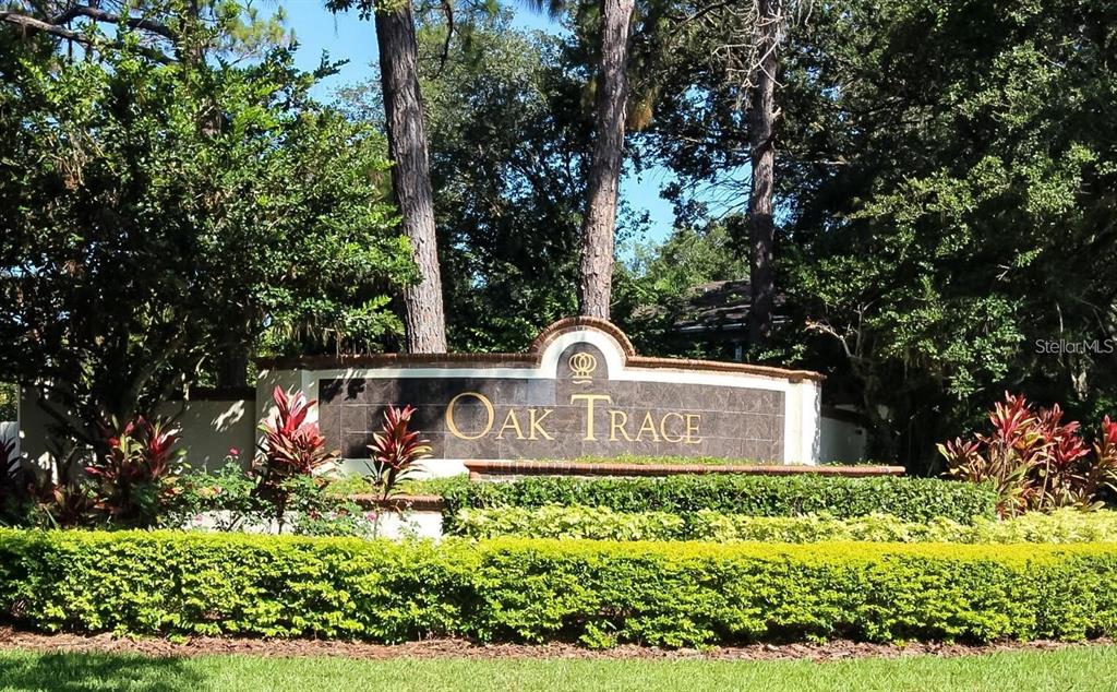 A stone monument sign for Oak Trace stands in front of trees and landscaping — 17765 OAK BRIDGE STREET, TAMPA, FL