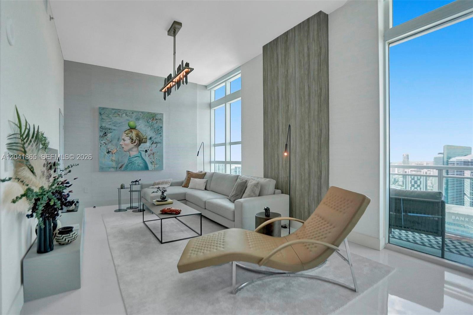 A modern living room features a beige chaise lounge, a sectional sofa, and floor-to-ceiling windows — 950 Brickell Bay Dr # 5608, Miami FL 33131, MIAMI, FL