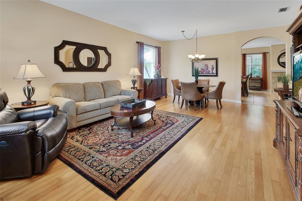 A living room features hardwood floors, a patterned area rug, and an adjacent dining area — 411 GARDEN STREET, LAKE HELEN, FL