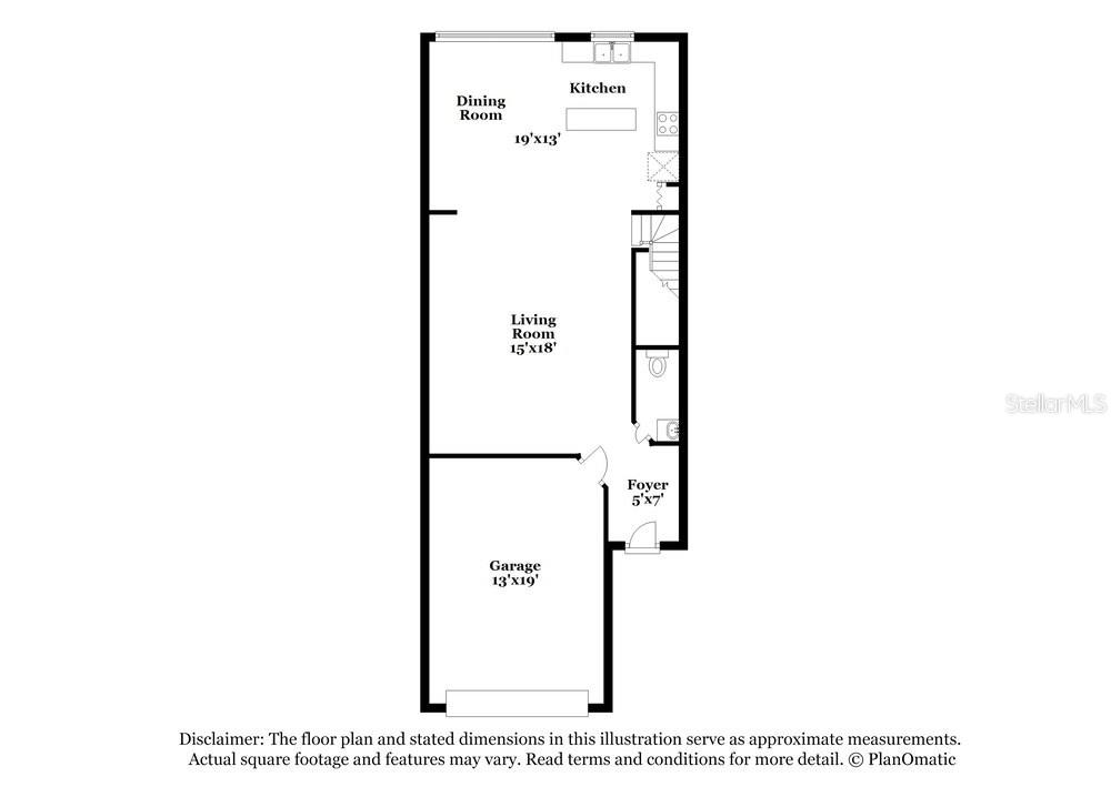 This is a floor plan showing a garage, foyer, living room, dining room, and kitchen — 1310 E 10TH STREET, APOPKA, FL