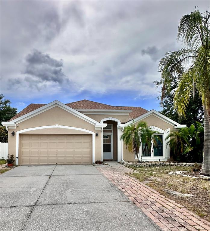 A single-story tan house with a two-car garage and a brick walkway — 1650 NAVIGATOR LANE, TARPON SPRINGS, FL